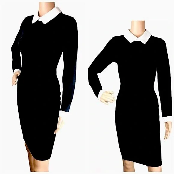 White Collared Black Long Sleeve Pencil Dress Sz Small New - Picture 7 of 7